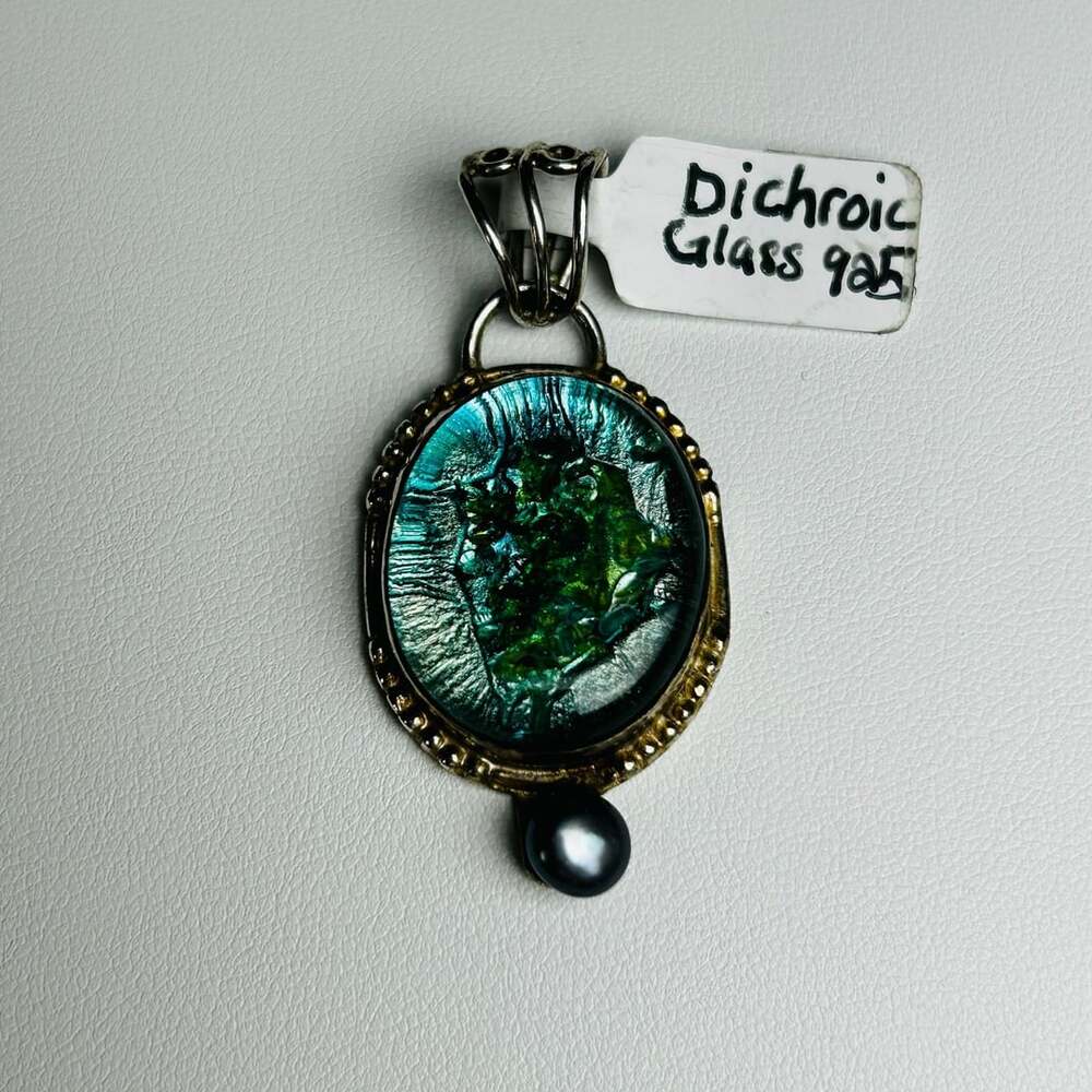 925 Sterling Silver Blue Green Dichroic Glass Pearl Pendant